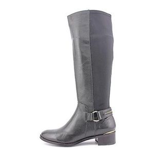 Steve Madden Black Leather Knee High Riding Boot Gold Zipper